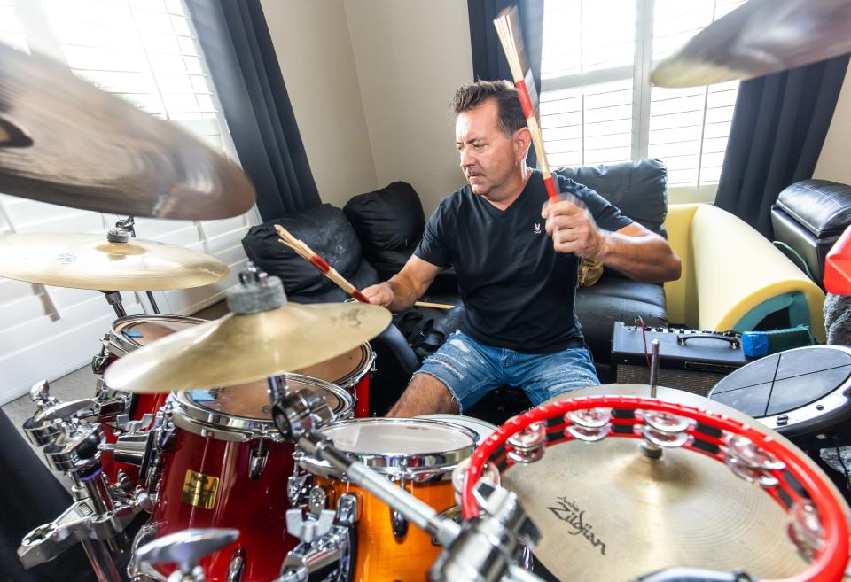 Drummer Steve Bonner, a member of the Radlin Rootz, practices for upcoming Concert In The Park.