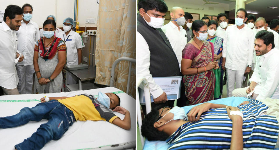 Andhra Pradesh Chief Minister Y.S. Jagan Mohan Reddy meeting with the patients going under treatment for an unknown disease that left over 200 people hospitalised in Eluru town, Andhra Pradesh.