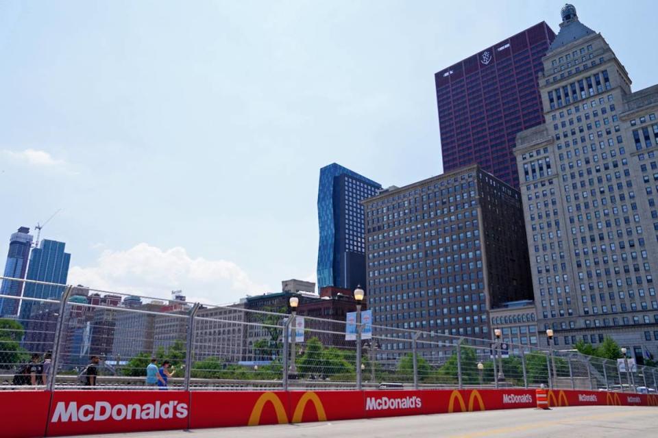 Jun 24, 2023; Chicago, Illinois, USA; A general view of a bridge along Jackson Drive before the Chicago Street Race. Mandatory Credit: Jon Durr-USA TODAY Sports