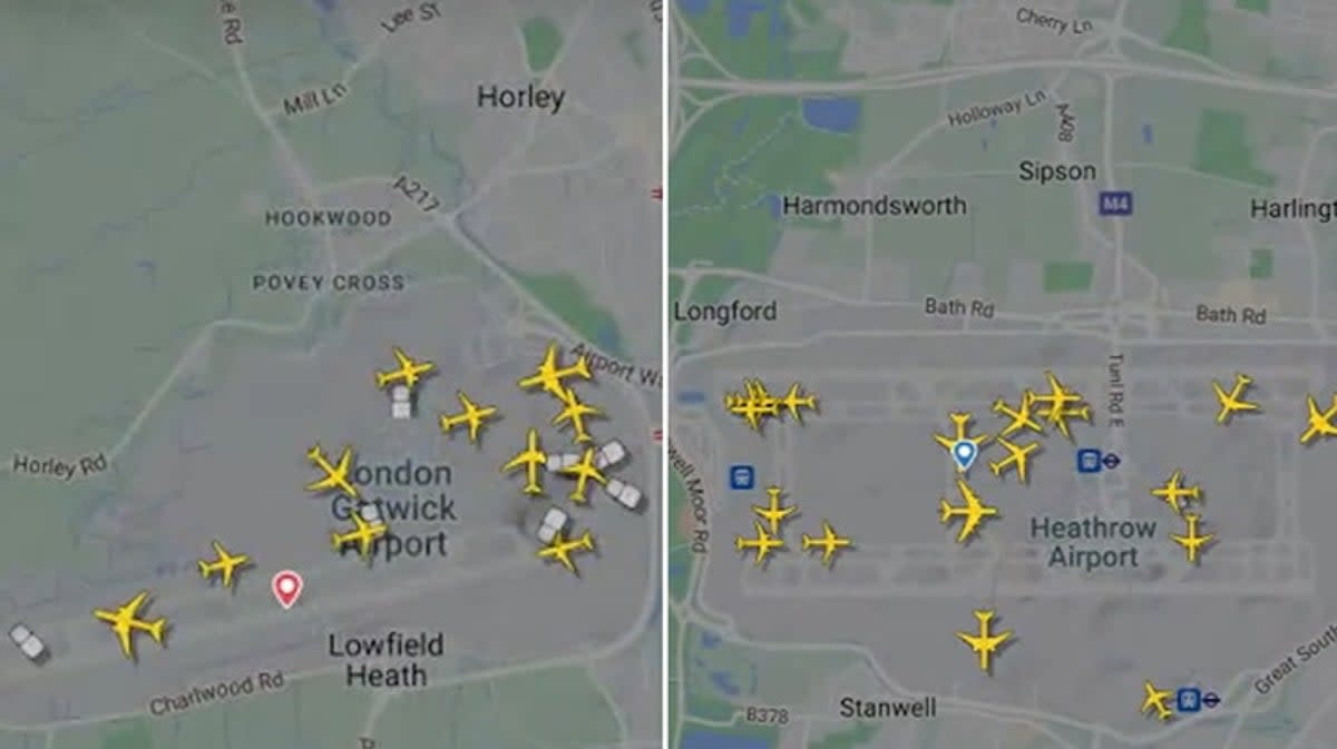 Planes gather at Heathrow and Gatwick as technical issues hit air traffic control (Flightradar24)