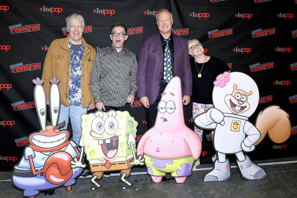 Clancy Brown, Tom Kenny, Bill Fagerbakke, and Carolyn Lawrence attend the SpongeBob Appreciation Day at Hammerstein Ballroom during New York Comic Con 2019. (Photo by Eugene Gologursky/Getty Images for ReedPOP)