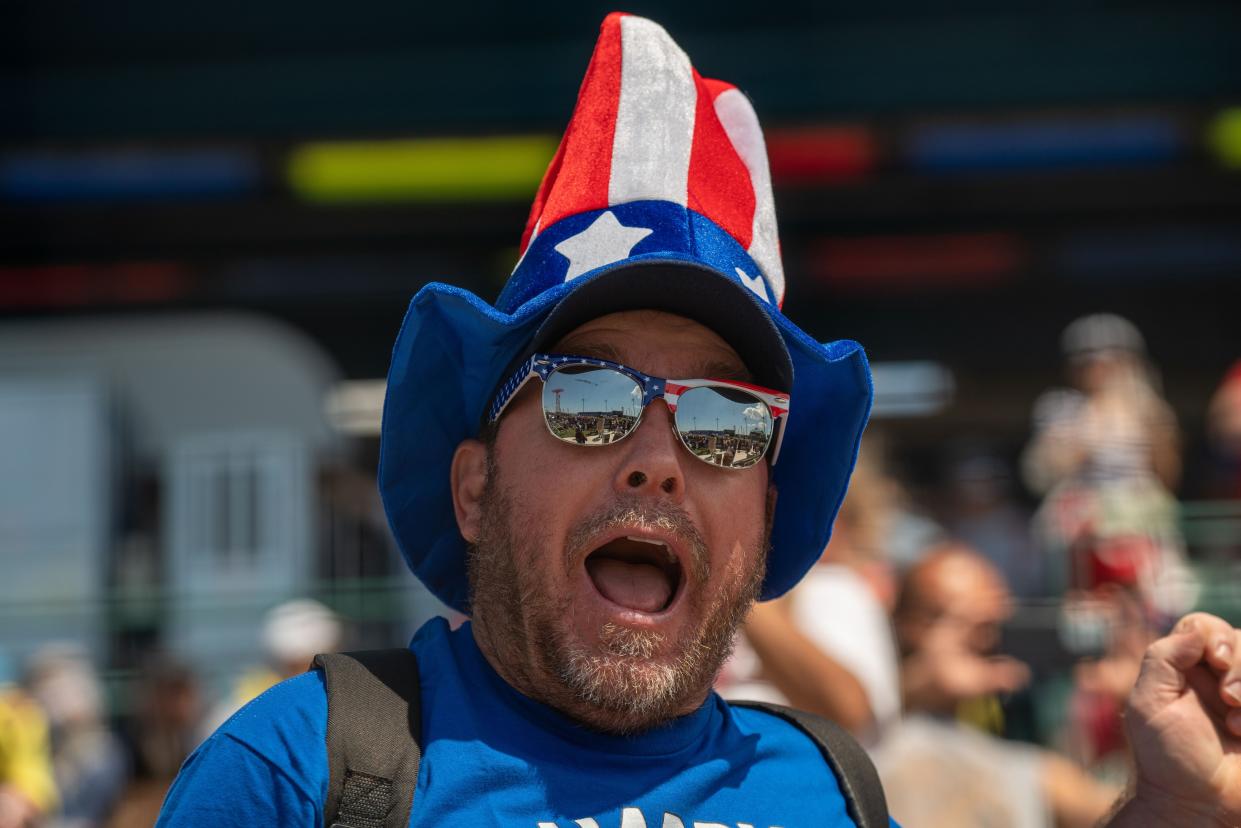 Spectators cheer at Maimonides Park for the 2021 Nathan's Famous 4th Of July International Hot Dog Eating Contest at Coney Island on July 4, 2021, in New York City.