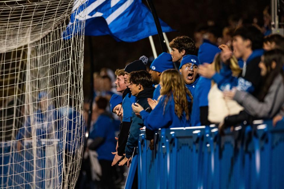 Brigham Young University fans celebrate after forward Brecken Mozingo (13) makes a penalty kick during the Sweet 16 round of the NCAA College Women’s Soccer Tournament against Michigan State at South Field in Provo on Saturday, Nov. 18, 2023. | Megan Nielsen, Deseret News