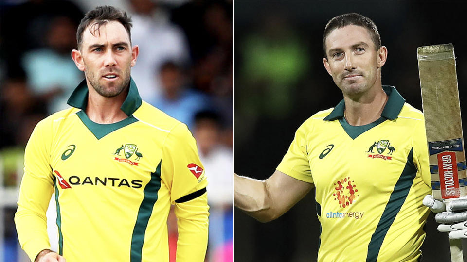 Glenn Maxwell (pictured left) after bowling and Shaun Marsh (pictured right) raising his bat in celebration.