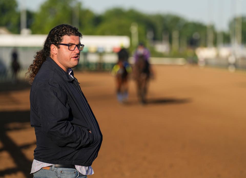 Trainer Saffie Joseph Jr. looks on at Churchill Downs on May 4, 2023. Saffie trains 2024 Kentucky Derby contender Catalytic.