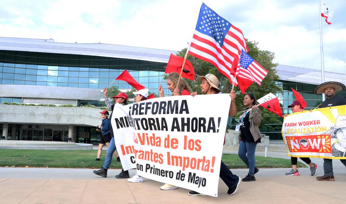 About 200 immigration reform supporrters marched in front of Fresno City Hall during the May 1, 2023 Fresno May Day Immigration Reform rally/march.