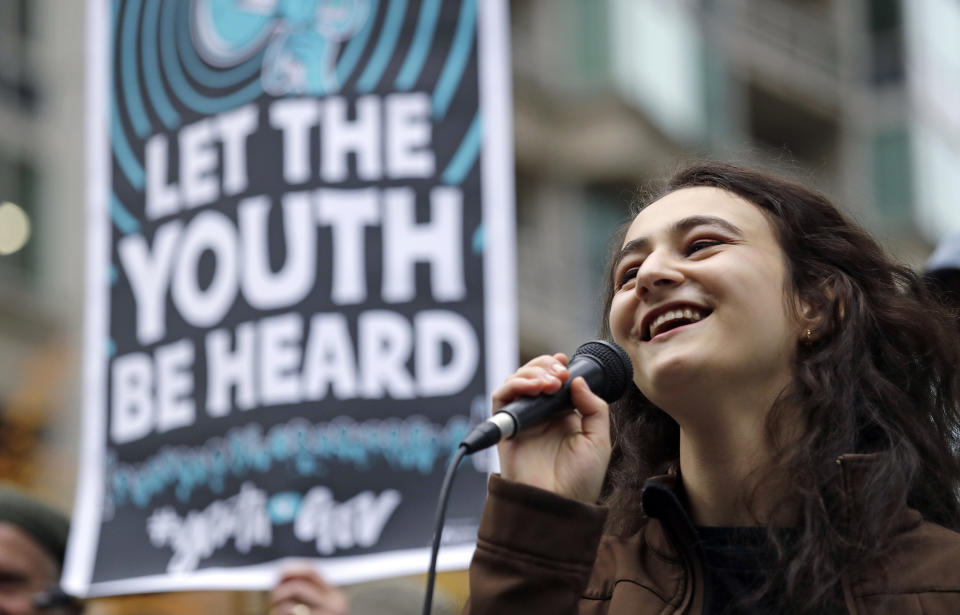 FILE - In this Monday, Oct. 29, 2018 file photo, Jamie Margolin, a high school student, speaks during a rally by youth activists and others in Seattle in support of a high-profile climate change lawsuit in federal court in Eugene, Ore. “It’s really hard to grow up on a planet full of ifs,” said Margolin, a 17-year-old cofounder of This is Zero Hour, who is finding it hard to buckle down and apply to colleges. “There’s always been a sense that everything beautiful in this world is temporary for my generation.” (AP Photo/Elaine Thompson)