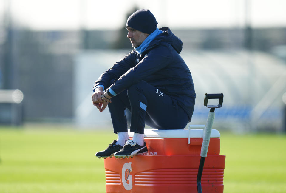 MANCHESTER, ENGLAND - FEBRUARY 06: Pep Guardiola of Manchester City in action during training at Manchester City Football Academy on February 6, 2023 in Manchester, England. (Photo by Tom Flathers/Manchester City FC via Getty Images)