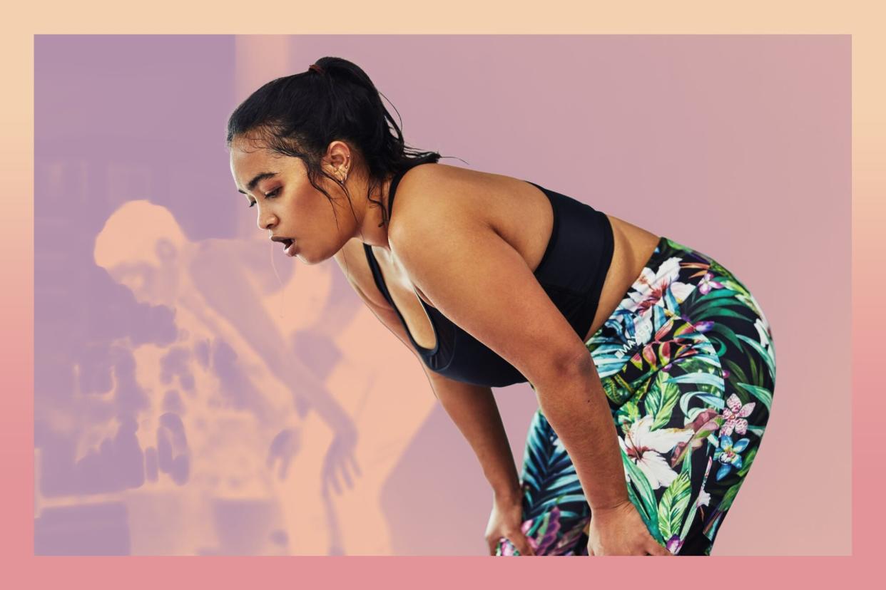 why do I cough after I run?: a photo of a woman in exercise clothes bending over and coughing, presumably after running