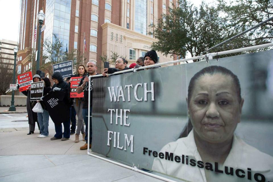 Relatives of Melissa Lucio gather in Houston in 2022 to ask Texas Governor Greg Abbott to halt her execution.