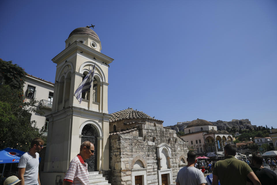 The bell tower of Pantanassa church at the Monastiraki square is damaged following an earthquake in Athens, Friday, July 19, 2019. The Athens Institute of Geodynamics gave the earthquake a preliminary magnitude of 5.1 but the U.S. Geological Survey gave it a preliminary magnitude of 5.3. The Athens Institute says the quake struck at 2:38 p.m. local time (1113 GMT) about 26 kilometers (13.7 miles) north of Athens. (AP Photo/Petros Giannakouris)