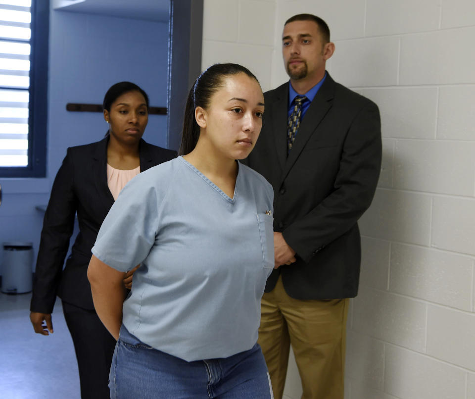 File- This May 23, 2018, file photo shows Cyntoia Brown, entering her clemency hearing at Tennessee Prison for Women in Nashville, Tenn. Tennessee Gov. Bill Haslam on Monday, Jan. 7, 2019, granted executive clemency to Brown, serving a life sentence for murder who says she was a victim of sex trafficking. The outgoing Republican governor, whose term ends in just two weeks, chose to show mercy to the now 30-year-old Brown by releasing her Aug. 7. (Lacy Atkins /The Tennessean via AP, Pool, File)