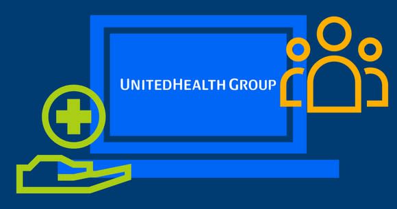 Graphical representation of people and a hand with a healthcare symbol above it, in front of a UnitedHealth logo.