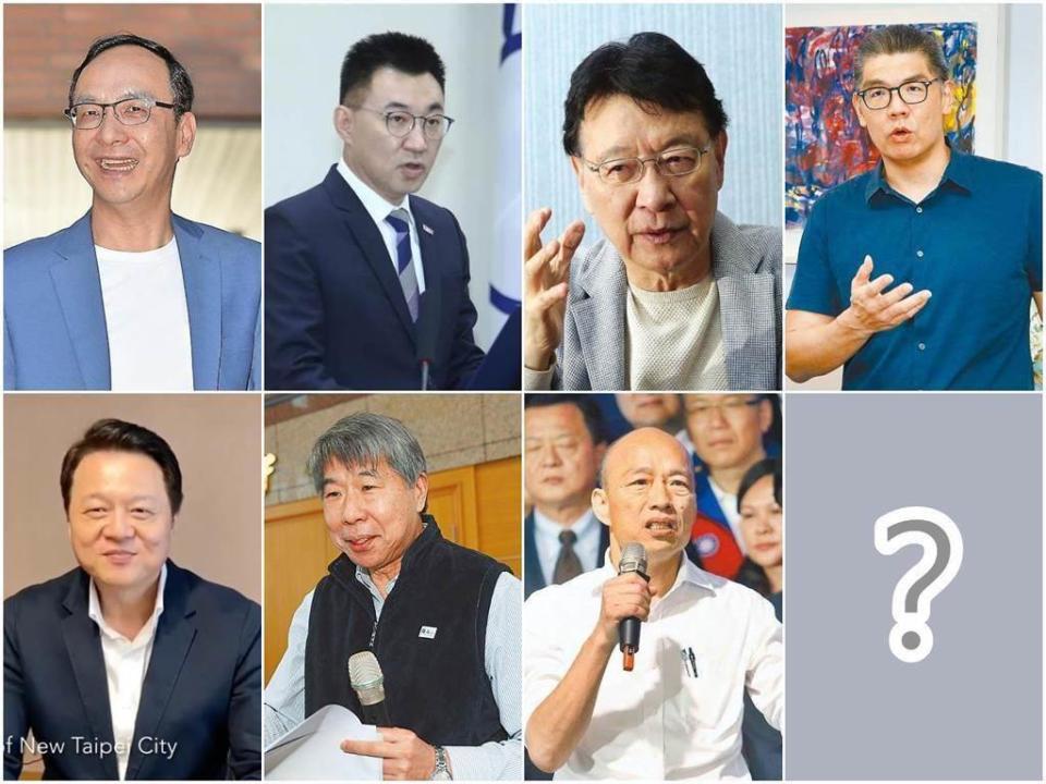 國民黨主席今年7月改選，熱門人選漸漸浮出檯面，包括前黨主席朱立倫（上排左起）、現任黨主席江啟臣、中廣董事長趙少康、國民黨智庫副董事長連勝文、前台北縣長周錫瑋（下排左起）、孫文學校總校長張亞中、前高雄市長韓國瑜。（合成圖／資料照、摘自周錫瑋YouTube）
