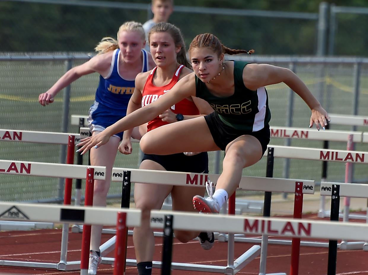 MaryAlice Lynch of St. Mary Catholic Central won the high hurdles with a time of :16.60 at the Huron League Championship Tuesday, , Madelyn Barbour of New Boston Huron was second.