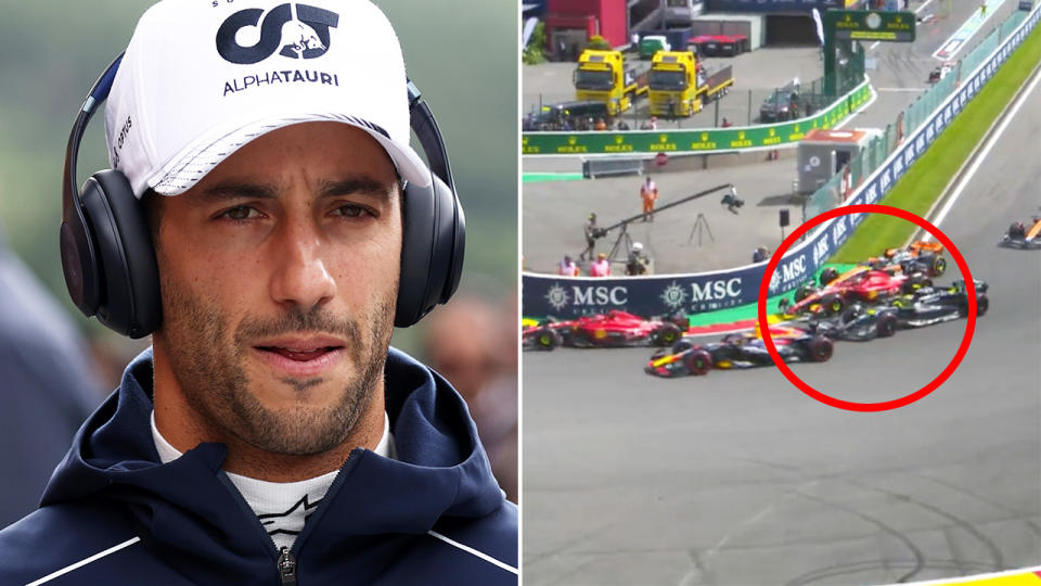 Daniel Ricciardo is pictured left, with Oscar Piastri's clash with Carlos Sainz seen highlighted on the right.