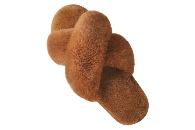 Evshine Women's Fuzzy Slippers Cross Band Memory Foam House Slippers Open  Toe