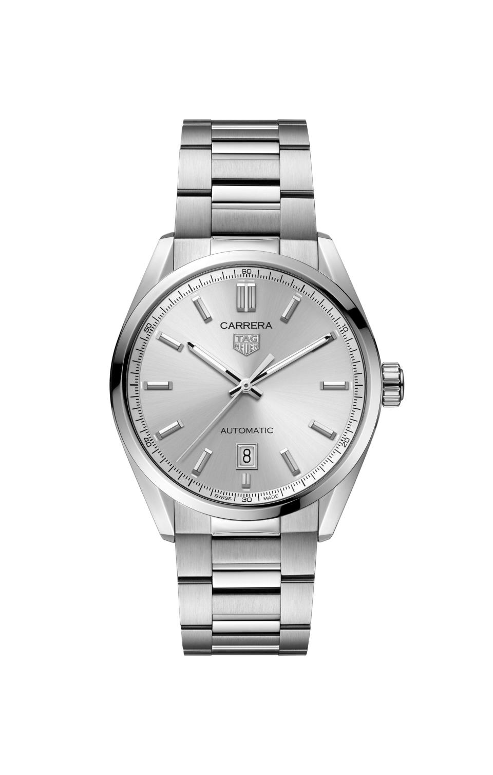 TAG Heuer Carrera with brushed silver sunray dial.
