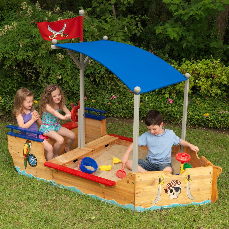 <p> Sandpits are a classic choice for garden activities for kids but have come a long way from a simple square box. Sure, the traditional style is still oodles of fun, but to get your kids really excited, how about opting for a themed version instead? </p> <p> This pirate boat design is a surefire way to inspire hours of swashbuckling adventures. And, the canopy overhead will help to protect them against the midday sun. Plus, it's great if you're looking for extra garden storage ideas – the bench conceals two handy areas for tidying extra toys and accessories away. </p>