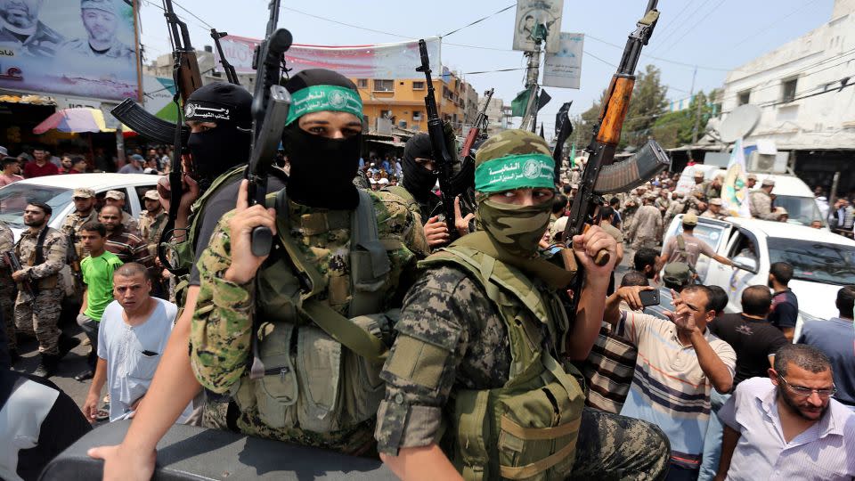 Palestinian Hamas militants attend the funeral of their comrade in the southern Gaza Strip in August 2017. - Ibraheem Abu Mustafa/Reuters