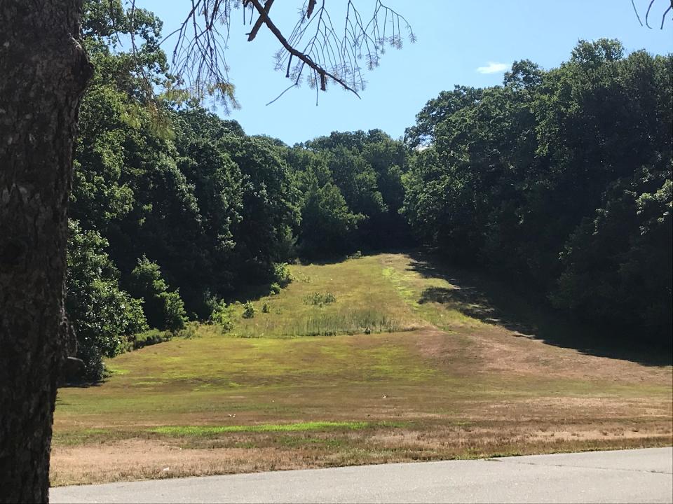A grassy field marks the end of what was once a ski run down Diamond Hill.