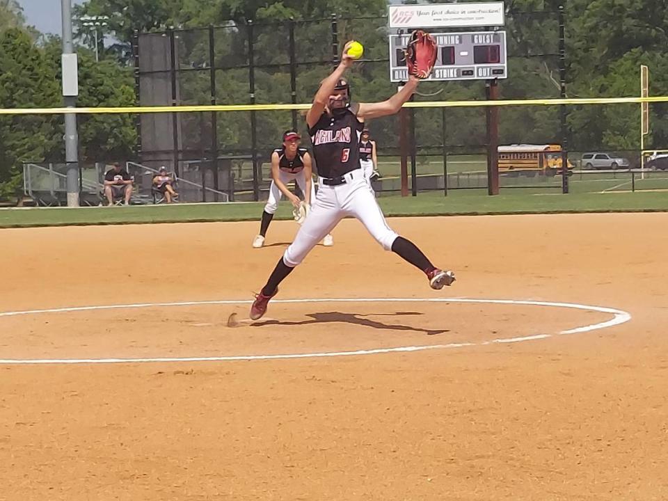 Highland junior pitcher Sophia Donohoe winds up for a pitch during the IHSA Class 3A Civic Memorial Regional semifinals Tuesday, May 23, against Mascoutah at Bethalto Sports Complex. Donohoe helped pitch the Bulldogs to a 12-2 victory.