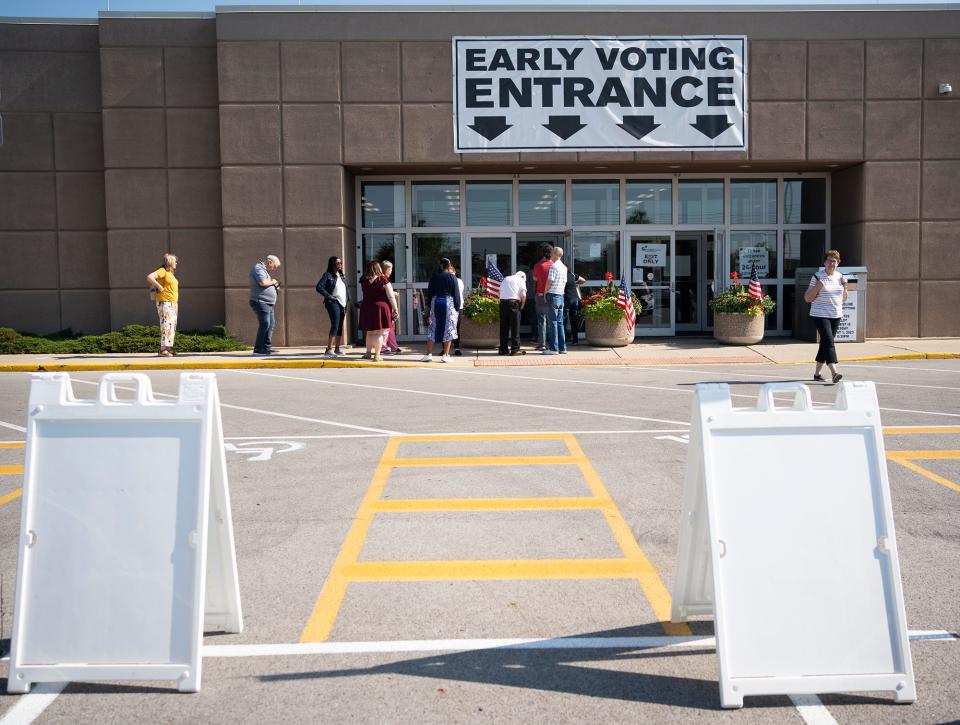Jul 11, 2023; Columbus, OH, USA;  A steady stream of voters comes and goes on the first day of early voting for issue 1.
