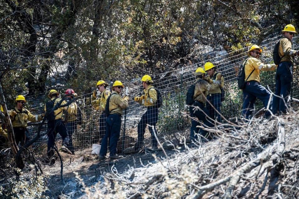 Fire crews work to install fencing along Old Highway North in Mariposa County, Calif., on Wednesday, July 10, 2024. According to fire officials, the wildfire started on July 4 in the area of French Camp Road and Highway 49 North in Mariposa County. The cause of the fire is under investigation.