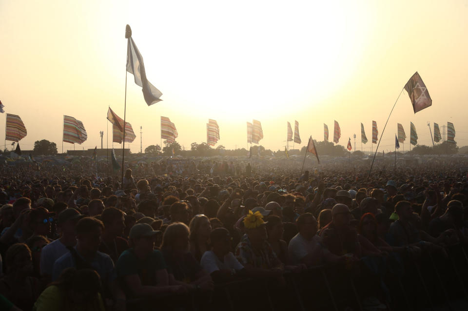 The crowd watch Two Door Cinema Club perform on the Other Stage during the Glastonbury Festival at Worthy Farm in Pilton, Somerset.