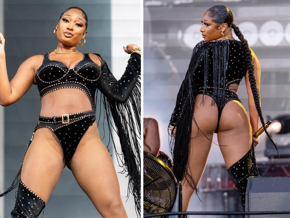 Megan Thee Stallion wearing a black, tasseled set at the 2021 Austin City Limits Music Festival.