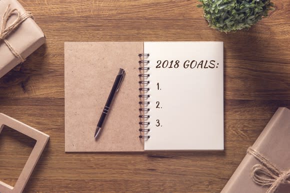 Notebook with 2018 goals written on a sheet of paper