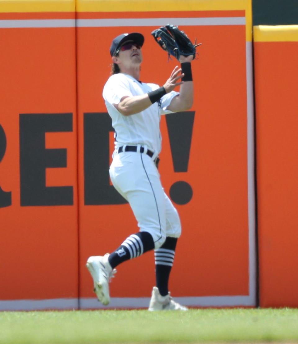 Detroit Tigers right fielder Zach McKinstry catches a fly ball hit by Chicago White Sox shortstop Tim Anderson during first-inning action Saturday, May 27, 2023 at Comerica Park in Detroit.