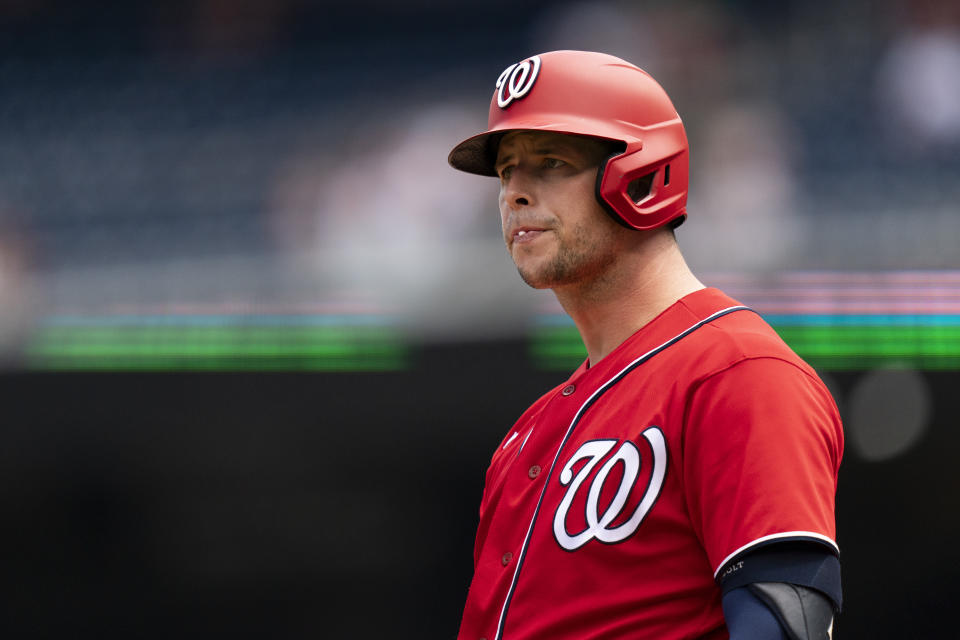 Washington Nationals' Riley Adams reacts after hitting a foul ball during the third inning of a baseball game against the Oakland Athletics, Sunday, Aug. 13, 2023, in Washington. (AP Photo/Stephanie Scarbrough)
