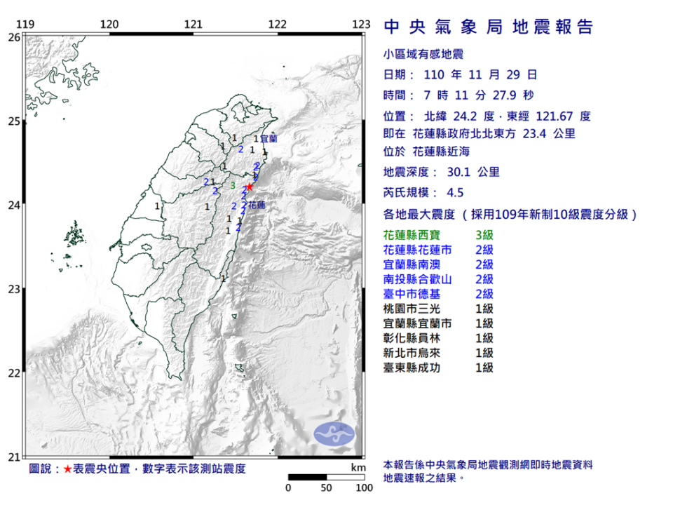 花蓮近海今早發生4.5地震，最大震度花蓮3級。(翻攝自氣象局)
