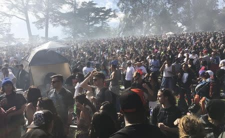 Thousands of marijuana enthusiasts gather on "Hippie Hill" in San Francisco's Golden Gate Park to light up joints, pipes and bongs in celebration of the annual but informal cannabis holiday, named 4/20 in San Francisco, California April 20, 2016. REUTERS/Curtis Skinner