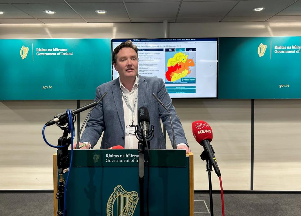 Eoin Sherlock Met Eireann's head forecaster speaking at Agriculture House in Dublin about Storm Debi on Sunday (PA)