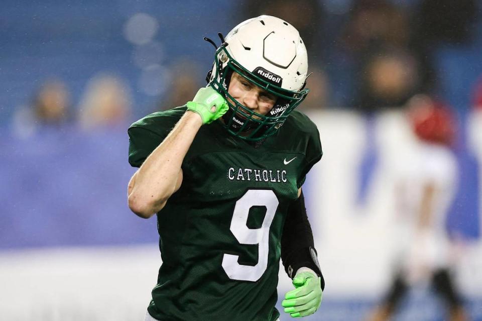 Owensboro Catholic’s “Tutt” Carrico celebrates scoring against Mayfield during the Class 2A state finals.