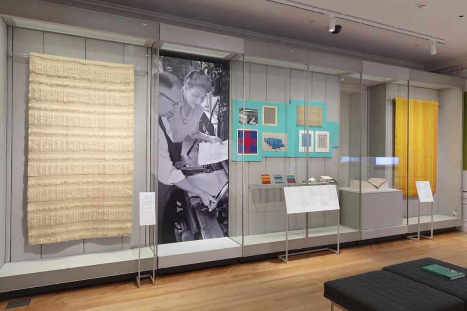 This image released by Cooper Hewitt Smithsonian Design Museum shows a collection of textiles, part of the exhibit, "A Dark, A Light, A Bright: The Designs of Dorothy Liebes," running through Feb. 4, at the Cooper Hewitt Smithsonian Design Museum in New York. (Elliot Goldstein/Smithsonian Institution via AP)