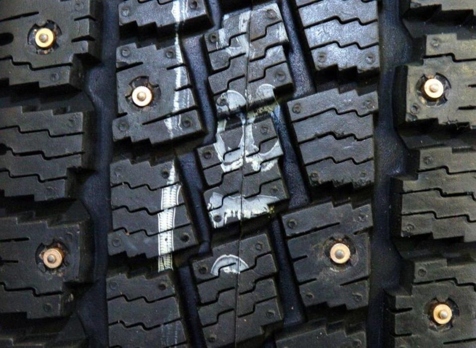 Studded tires, which work best on snow- and ice-covered roads.