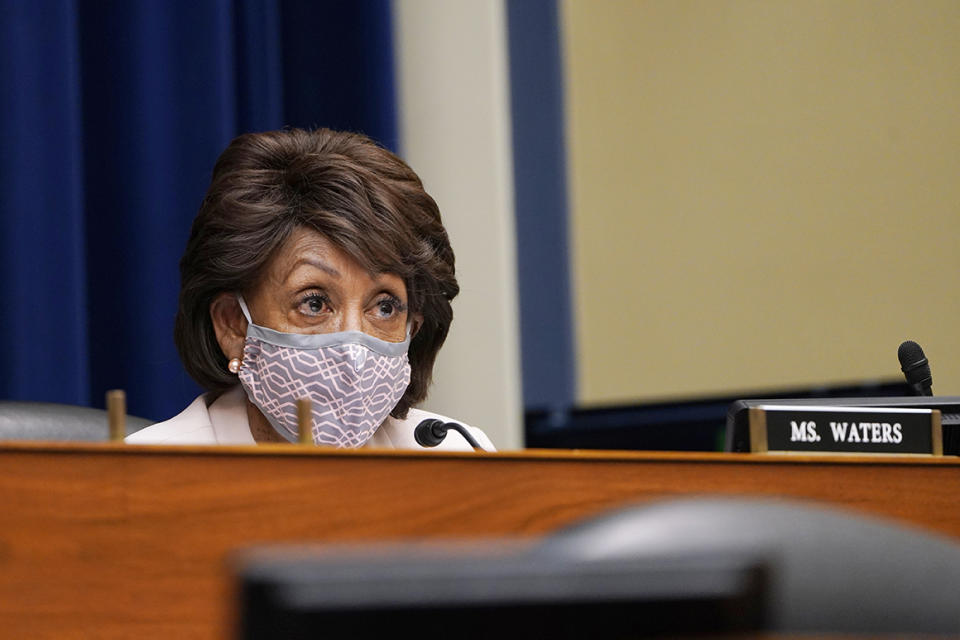 Rep. Maxine Waters, D-Calif., speaks during a House Select Subcommittee hearing on Capitol Hill in Washington, Thursday, April 15, 2021, on the coronavirus crisis. (AP Photo/Susan Walsh, Pool)