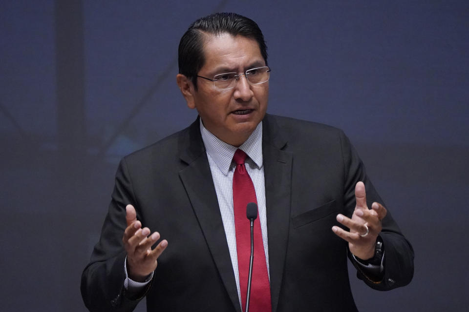 FILE - Navajo Presidential candidate Jonathan Nez speaks during a Presidential Forum at Arizona State University, on July 12, 2022, in Phoenix. Navajos next week will choose whether to elect a president who has never held political office or one whose career in tribal government spans two decades. Incumbent President Jonathan Nez and challenger Buu Nygren emerged as the top two vote-getters among 15 candidates in the tribe's primary election in August. (AP Photo/Matt York, File)