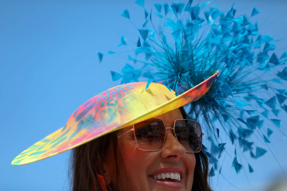 Beth Riley wears a brightly colored fascinator to Kentucky Derby 150 at Churchill Downs in Louisville, Ky., Saturday, May 4, 2024. Amy Wallot