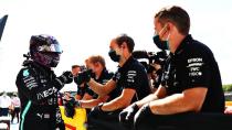 <p>Pole position qualifier Lewis Hamilton of Great Britain and Mercedes GP celebrates in parc ferme during qualifying for the F1 Grand Prix of Great Britain at Silverstone on August 01, 2020 in Northampton, England.</p>