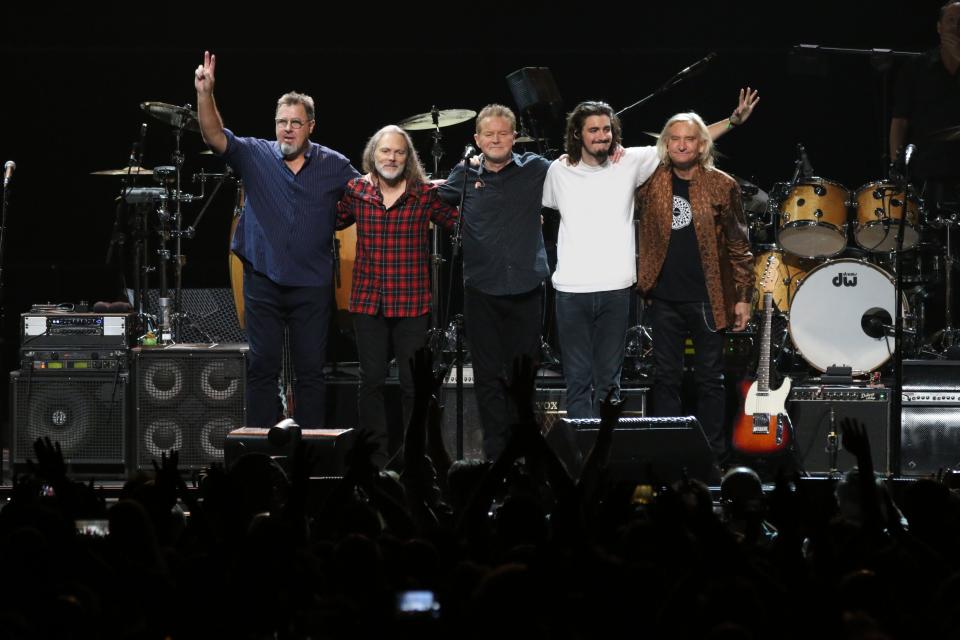 Eagles members Vince Gill, Timothy B. Schmit, Don Henley, Deacon Frey and Joe Walsh during a “Hotel California” concert in Las Vegas in October 2019.