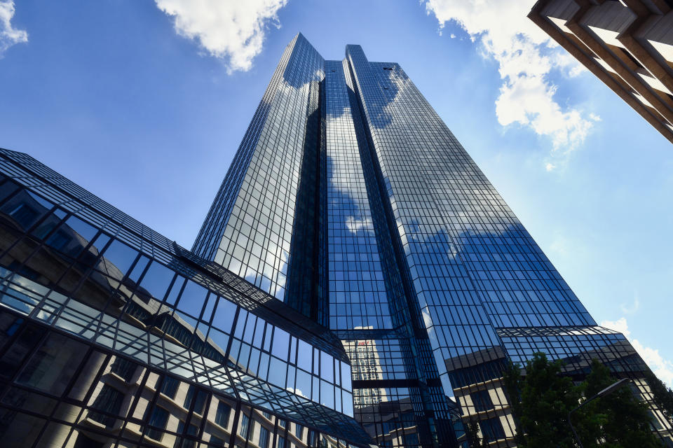 Frankfurt am Main, Germany - June 2020: Modern 'Deutsche Bank' Twin Towers, also known as German Bank Headquarters, a twin tower skyscraper complex in the financial business district of Frankfurt. Modern 'Deutsche Bank' Twin Towers, also known as 'Deutsche Bank' Headquarters, a twin tower skyscraper complex in the financial business district of Frankfurt. oth towers are 155m tall and serve as headquarters for Deutsche Bank, the largest bank in Germany