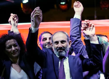 Armenian opposition leader Nikol Pashinyan attends a rally after his bid to be interim prime minister was blocked by the parliament in Yerevan, Armenia May 1, 2018. REUTERS/Gleb Garanich
