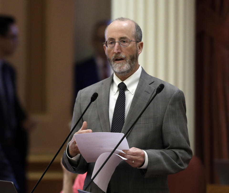 FILE - In this June 14, 2018 file photo State Sen. Steve Glazer, D-Orinda, addresses the state Senate at the Capitol, in Sacramento, Calif. Glazer and Assemblyman Marc Berman, D-Palo Alto, called for reforming the recall election requirements, Wednesday Sept. 15, 2021. This could include increasing the number of signatures to force a recall election, raising the standards to require malfeasance on the part of the office-holder and change the current process in which someone with a small percentage of votes could replace a sitting governor. (AP Photo/Rich Pedroncelli, File)