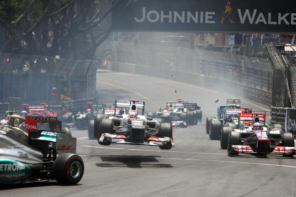 Cleared for take-off: Kamui Kobayashi pilots his Sauber – literally – in the 2012 Monaco race