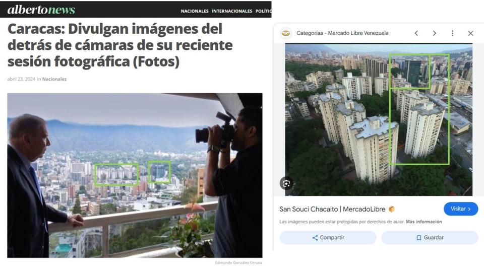 <span>Comparación entre una captura de pantalla del sitio web Alberto News (I) y una publicación en Mercado Libre con una vista de la urbanización El Bosque, hecha el 26 de abril de 2024</span>