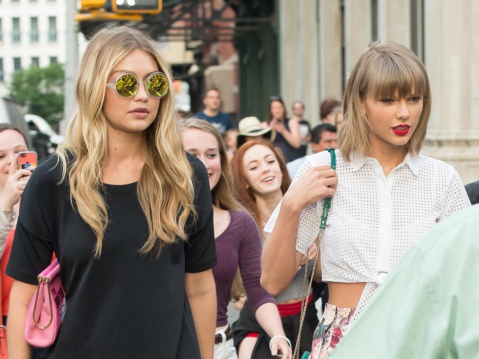 Gigi Hadid (L) and musician Taylor Swift seen on the streets of Manhattan on May 29, 2015 in New York City
